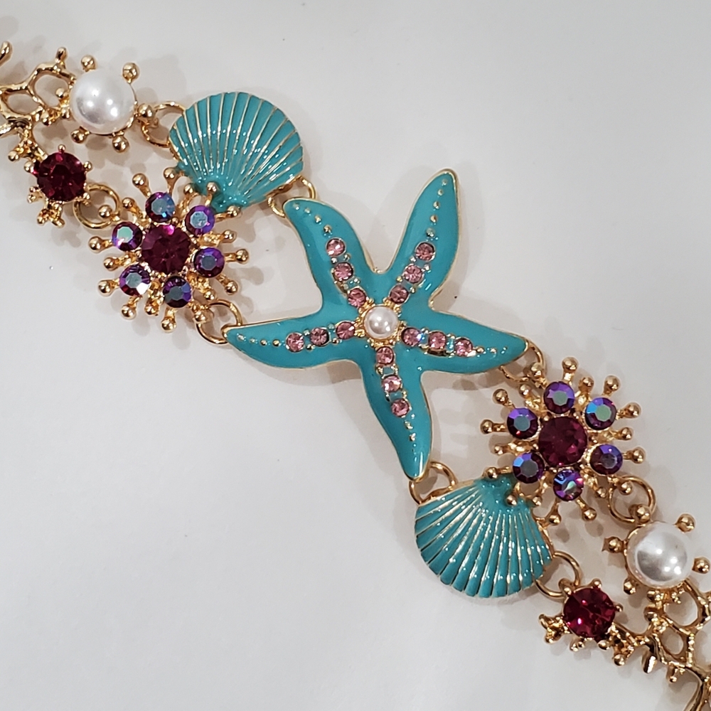 Starfish "Under the Sea" Bracelet Costume Jewery Faux Gold & Turquoise Statement